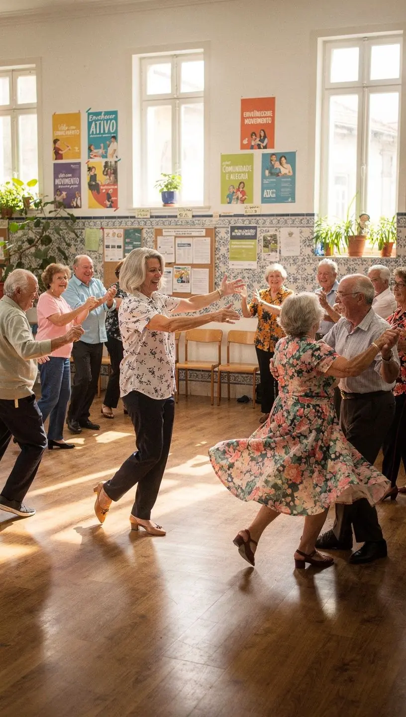 Elderly individuals engaging with technology for wellness.